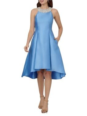 ADRIANNA PAPELL Beaded Neck Mikado High-Low Midi Party Dress Cloud Blue Size 4